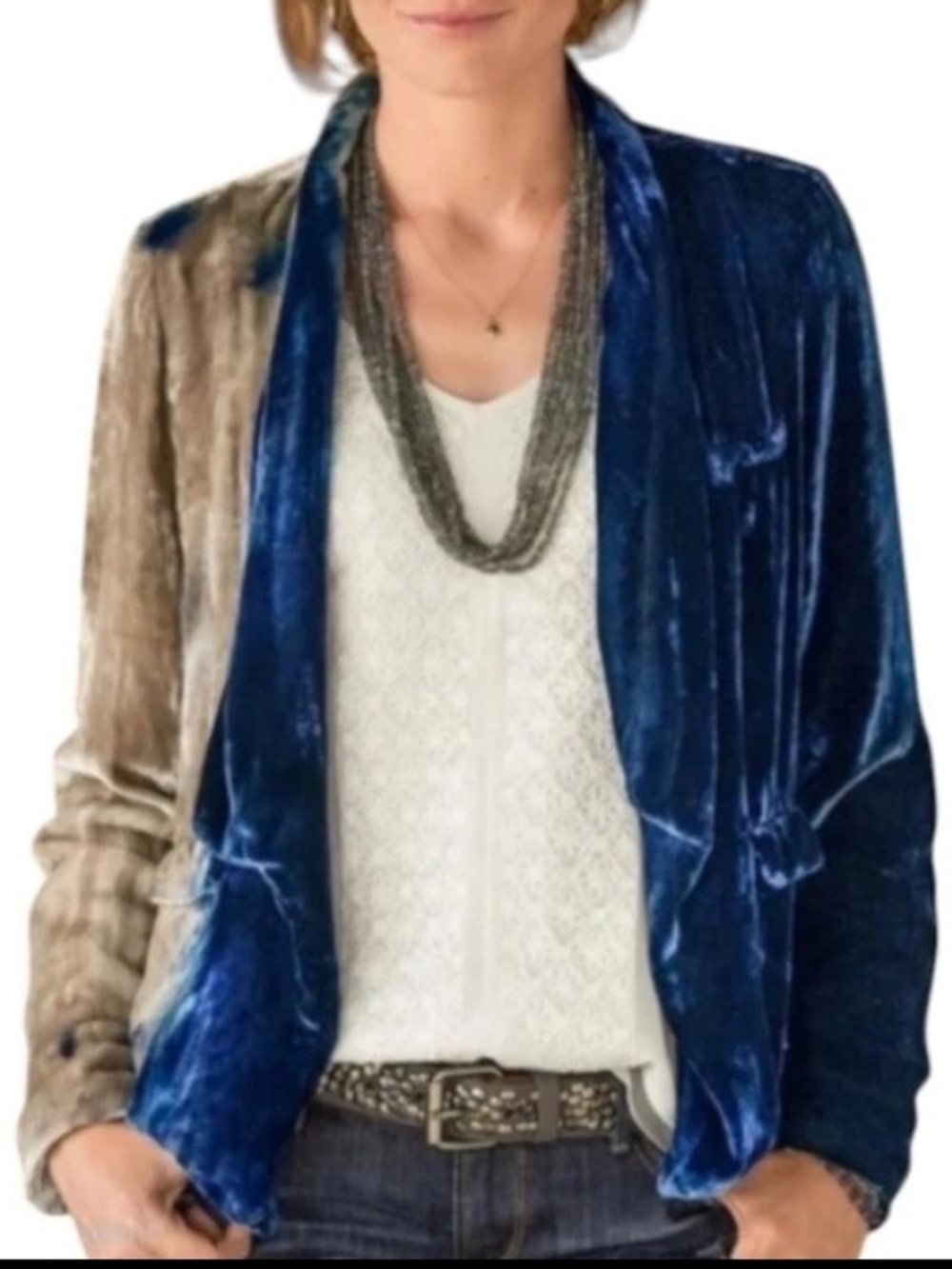 NWT! Chaser Crushed Velvet Dip Dye Blazer Blue Champagne Silk Blend Open Front M